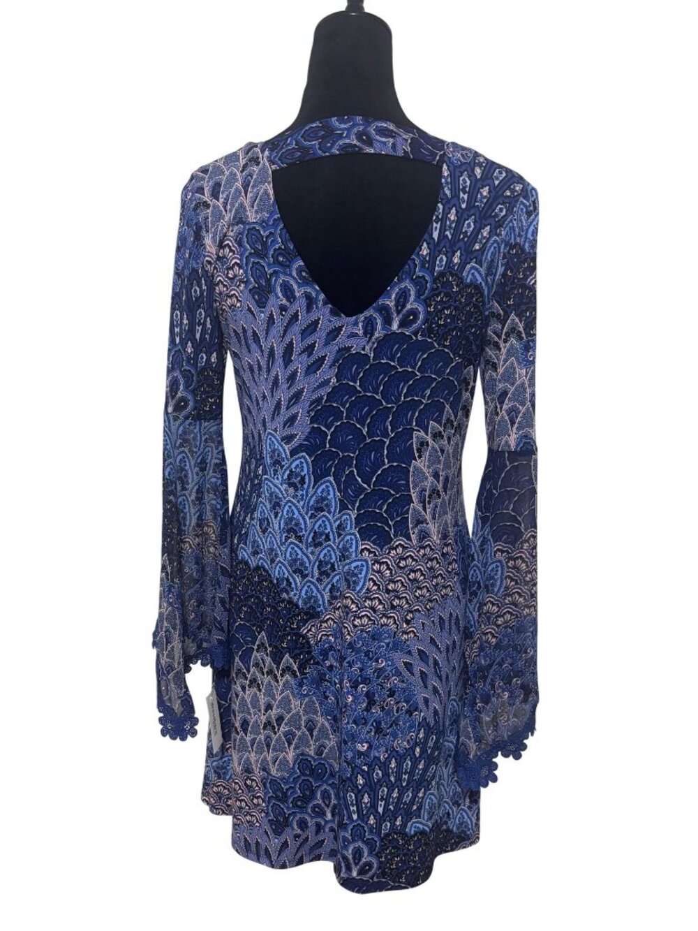 Dressbarn Blue Retro Paisley Bell Sleeve Shift Dress Size M NWT